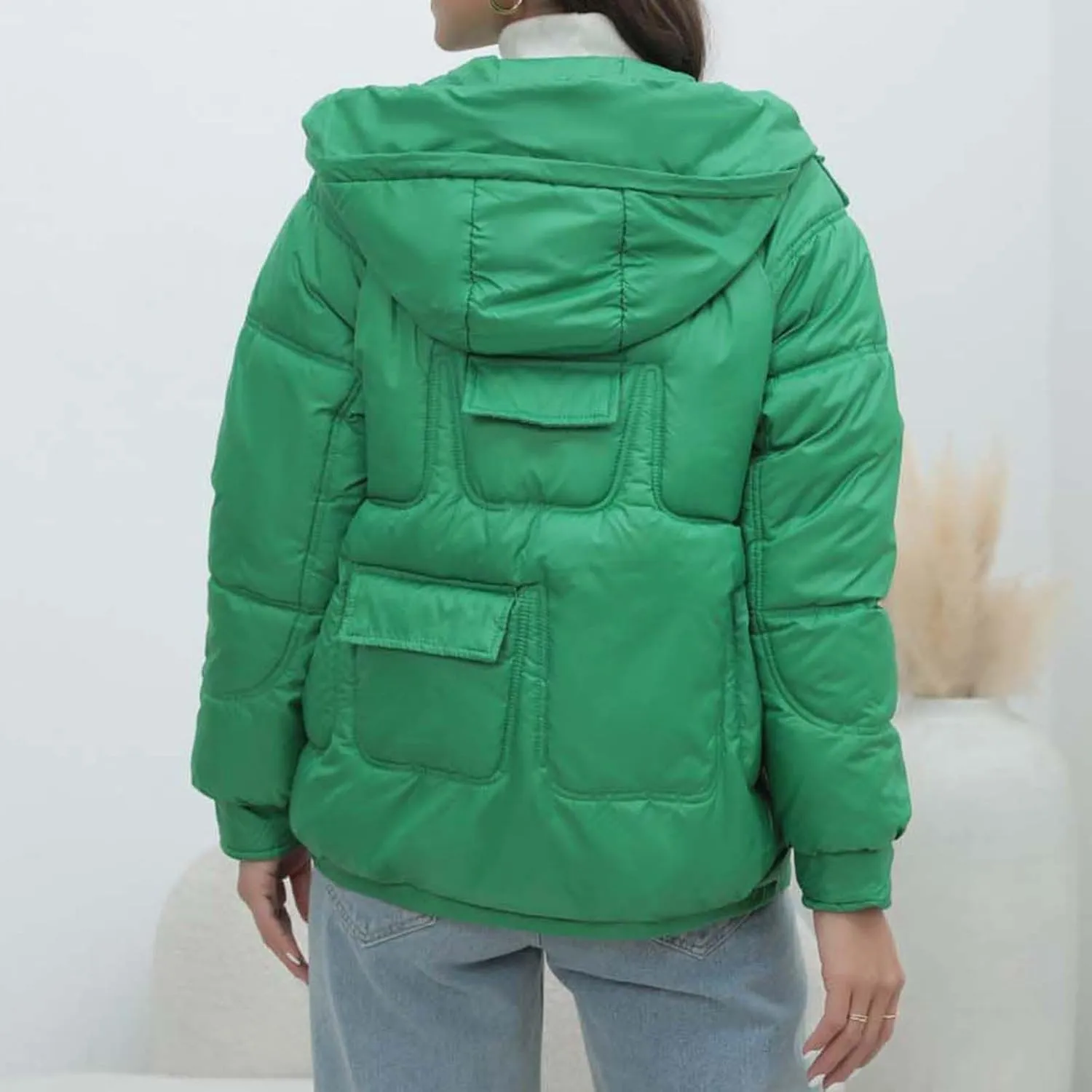Women Quilted Dolman Puffer Jacket Long Sleeve Stand Collar Lightweight Warm Hoodies Short Padded Coat with Pockets