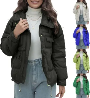 Women Quilted Dolman Puffer Jacket Long Sleeve Stand Collar Lightweight Warm Hoodies Short Padded Coat with Pockets