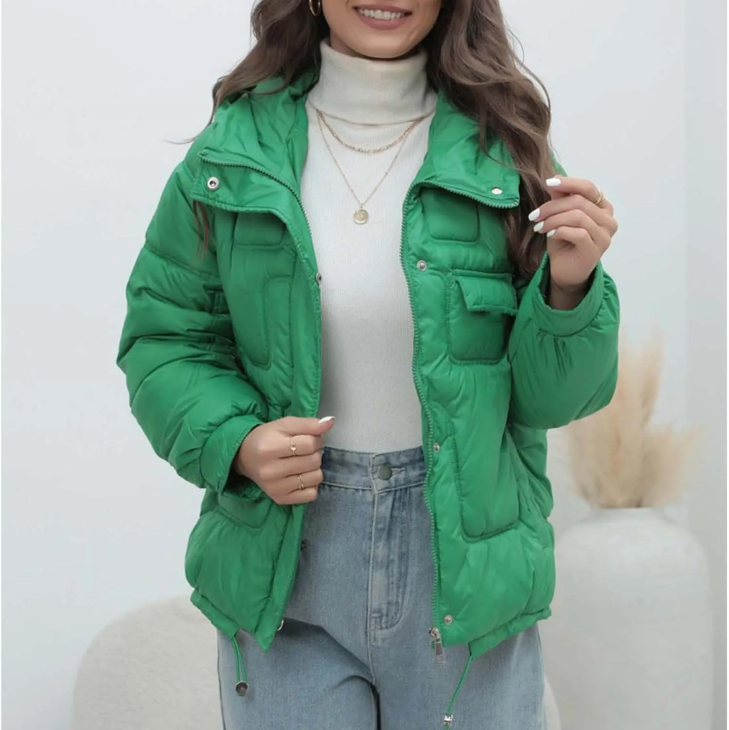 Women Quilted Dolman Puffer Jacket Long Sleeve Stand Collar Lightweight Warm Hoodies Short Padded Coat with Pockets