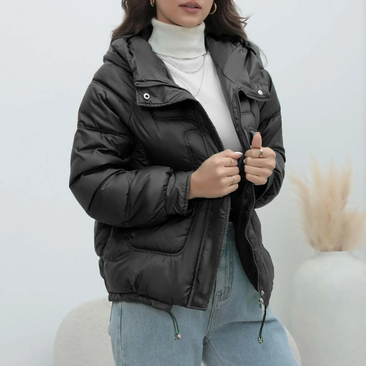 Women Quilted Dolman Puffer Jacket Long Sleeve Stand Collar Lightweight Warm Hoodies Short Padded Coat with Pockets