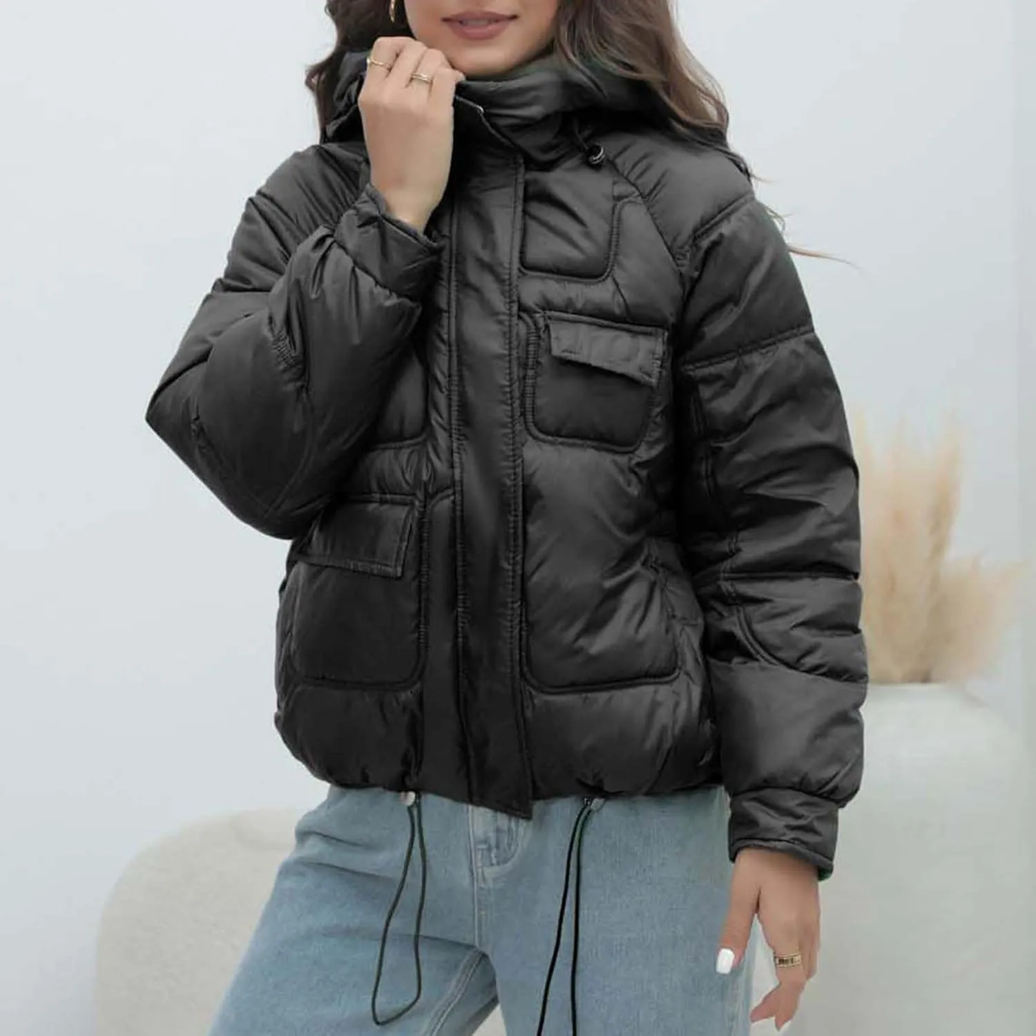 Women Quilted Dolman Puffer Jacket Long Sleeve Stand Collar Lightweight Warm Hoodies Short Padded Coat with Pockets