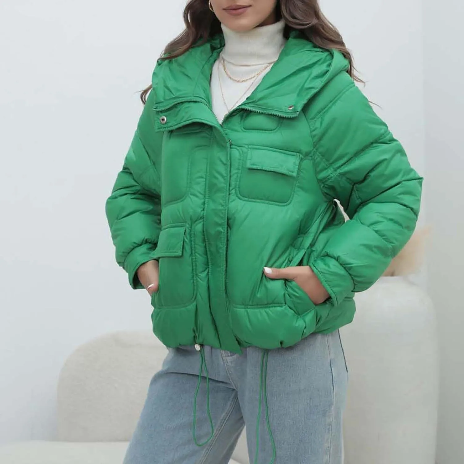 Women Quilted Dolman Puffer Jacket Long Sleeve Stand Collar Lightweight Warm Hoodies Short Padded Coat with Pockets
