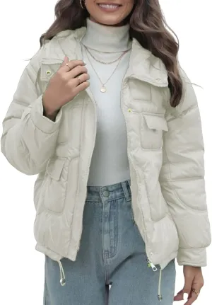 Women Quilted Dolman Puffer Jacket Long Sleeve Stand Collar Lightweight Warm Hoodies Short Padded Coat with Pockets