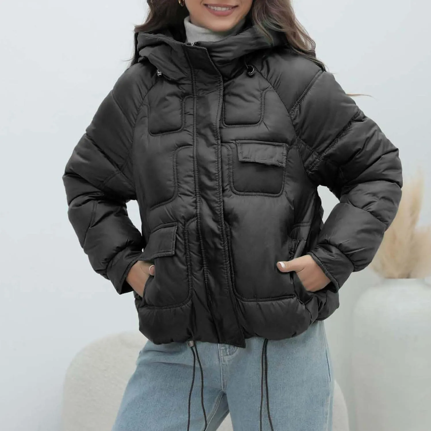 Women Quilted Dolman Puffer Jacket Long Sleeve Stand Collar Lightweight Warm Hoodies Short Padded Coat with Pockets