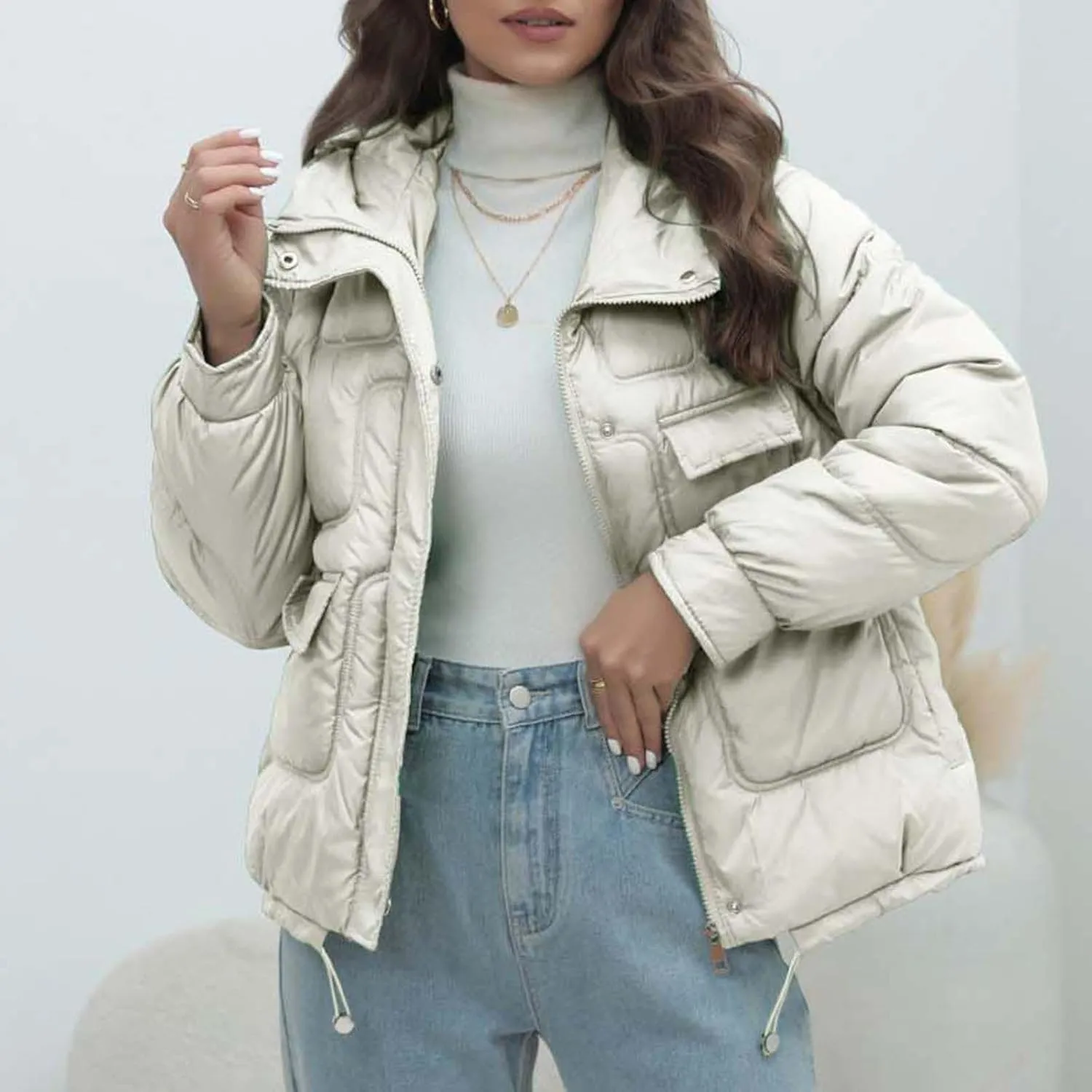 Women Quilted Dolman Puffer Jacket Long Sleeve Stand Collar Lightweight Warm Hoodies Short Padded Coat with Pockets