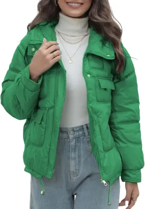 Women Quilted Dolman Puffer Jacket Long Sleeve Stand Collar Lightweight Warm Hoodies Short Padded Coat with Pockets