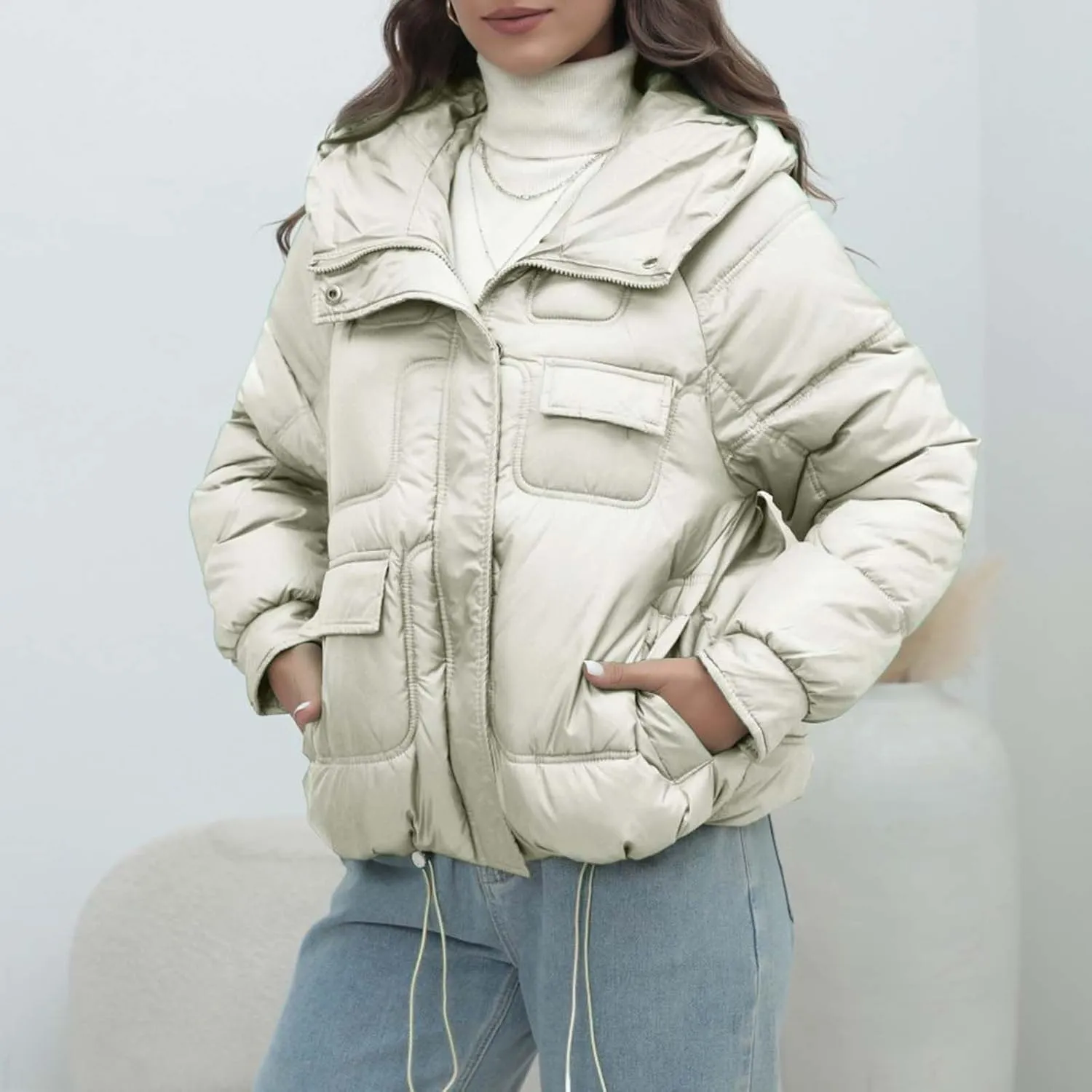 Women Quilted Dolman Puffer Jacket Long Sleeve Stand Collar Lightweight Warm Hoodies Short Padded Coat with Pockets