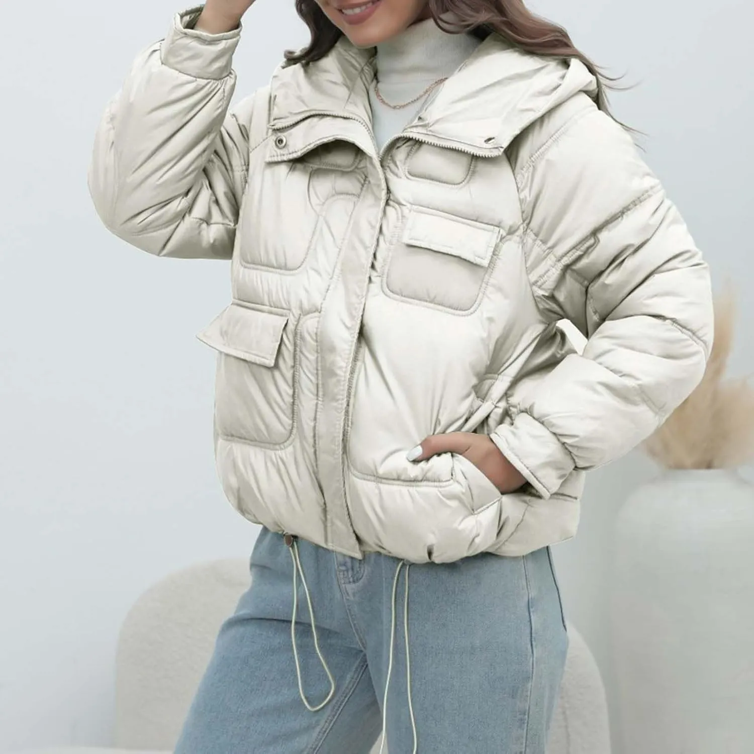 Women Quilted Dolman Puffer Jacket Long Sleeve Stand Collar Lightweight Warm Hoodies Short Padded Coat with Pockets