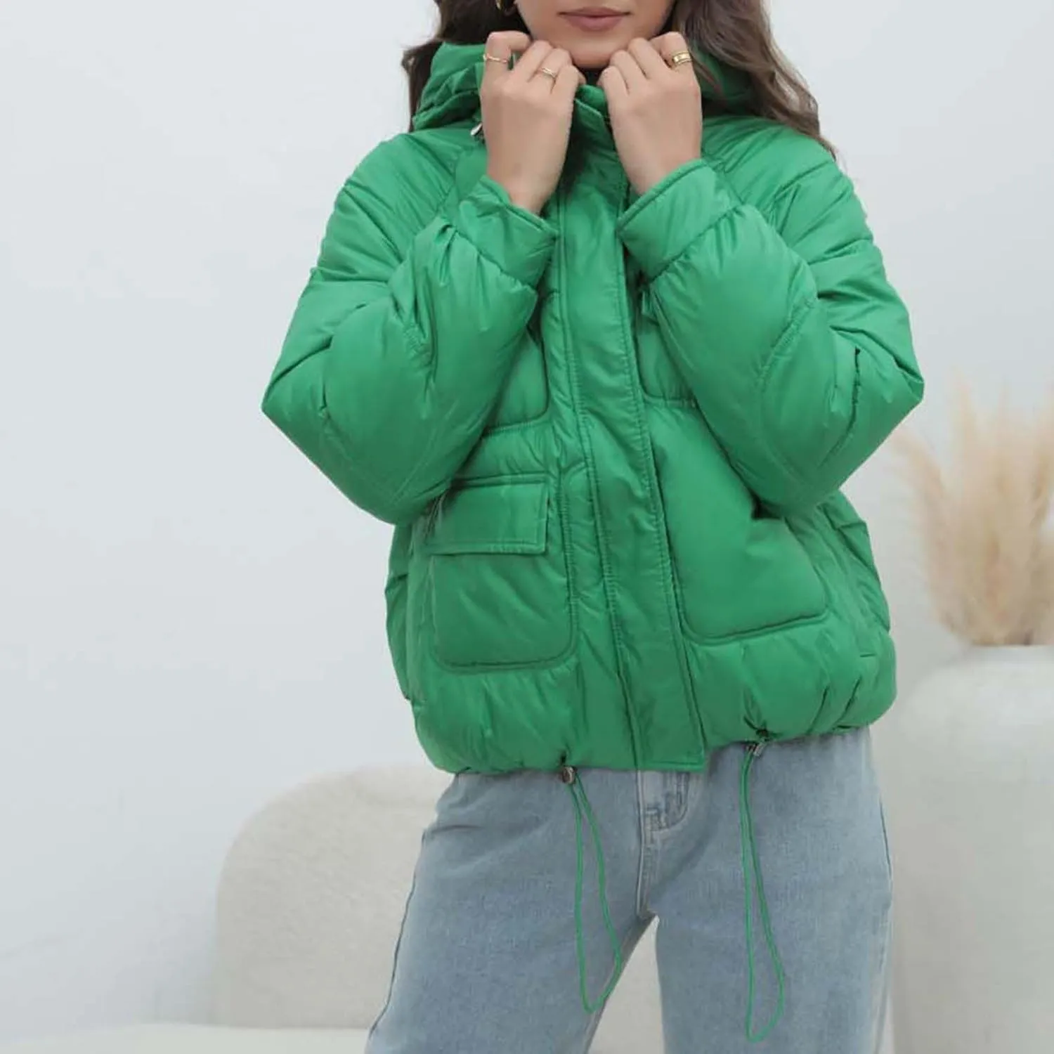 Women Quilted Dolman Puffer Jacket Long Sleeve Stand Collar Lightweight Warm Hoodies Short Padded Coat with Pockets
