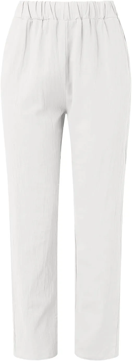 Women Striped Linen Pants Lightweight Casual Straight Leg Elastic Waist Pants Beach Summer Trousers with Pockets