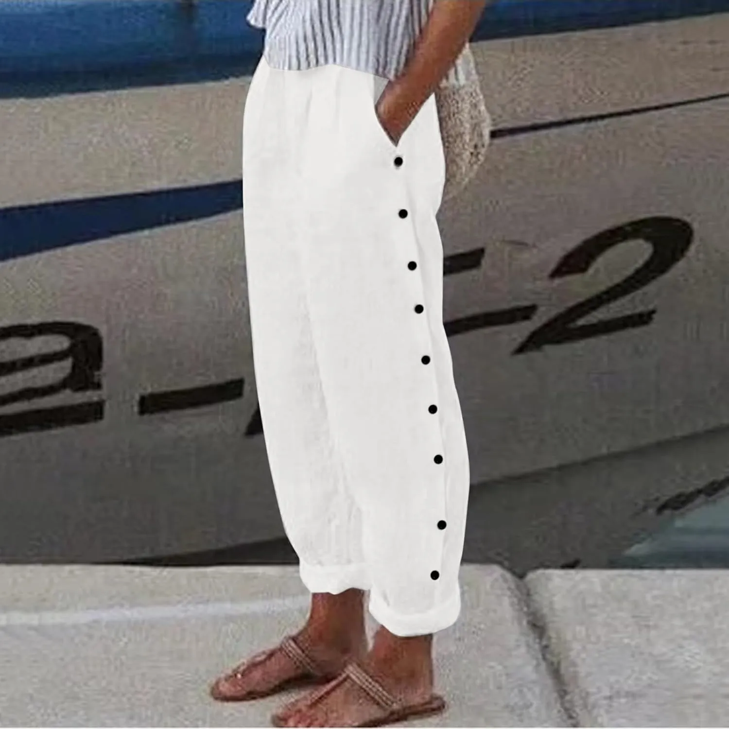 Women Striped Linen Pants Lightweight Casual Straight Leg Elastic Waist Pants Beach Summer Trousers with Pockets