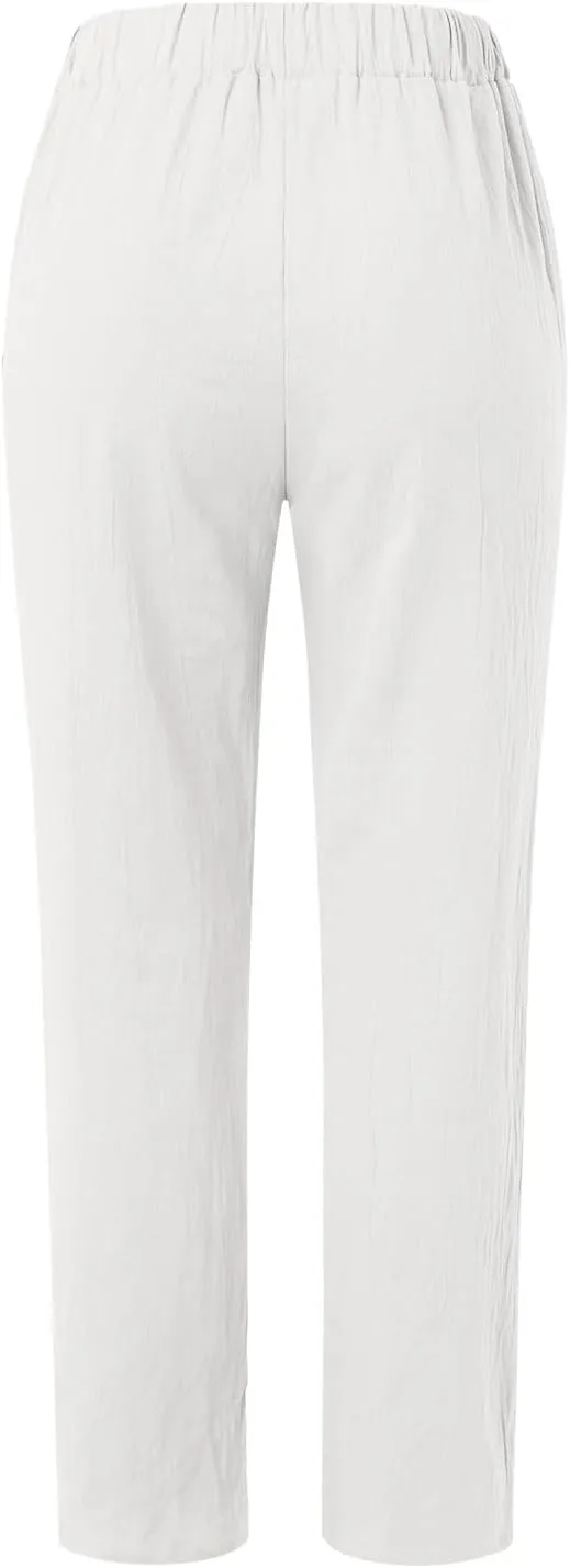 Women Striped Linen Pants Lightweight Casual Straight Leg Elastic Waist Pants Beach Summer Trousers with Pockets