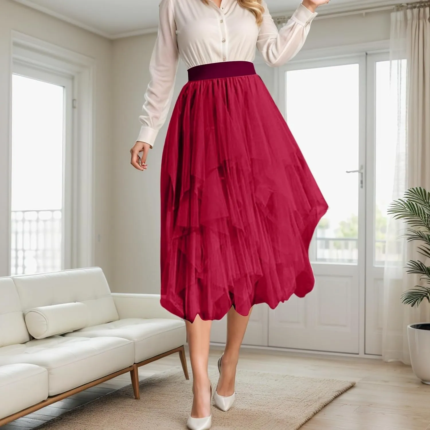 Women Tulle Skirt Asymmetrical Pleated Tutu Midi Skirt Casual Cocktail Party High Beach Elastic Waist Mesh Layered Skirts