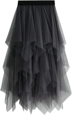 Women Tulle Skirt Asymmetrical Pleated Tutu Midi Skirt Casual Cocktail Party High Beach Elastic Waist Mesh Layered Skirts