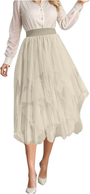 Women Tulle Skirt Asymmetrical Pleated Tutu Midi Skirt Casual Cocktail Party High Beach Elastic Waist Mesh Layered Skirts