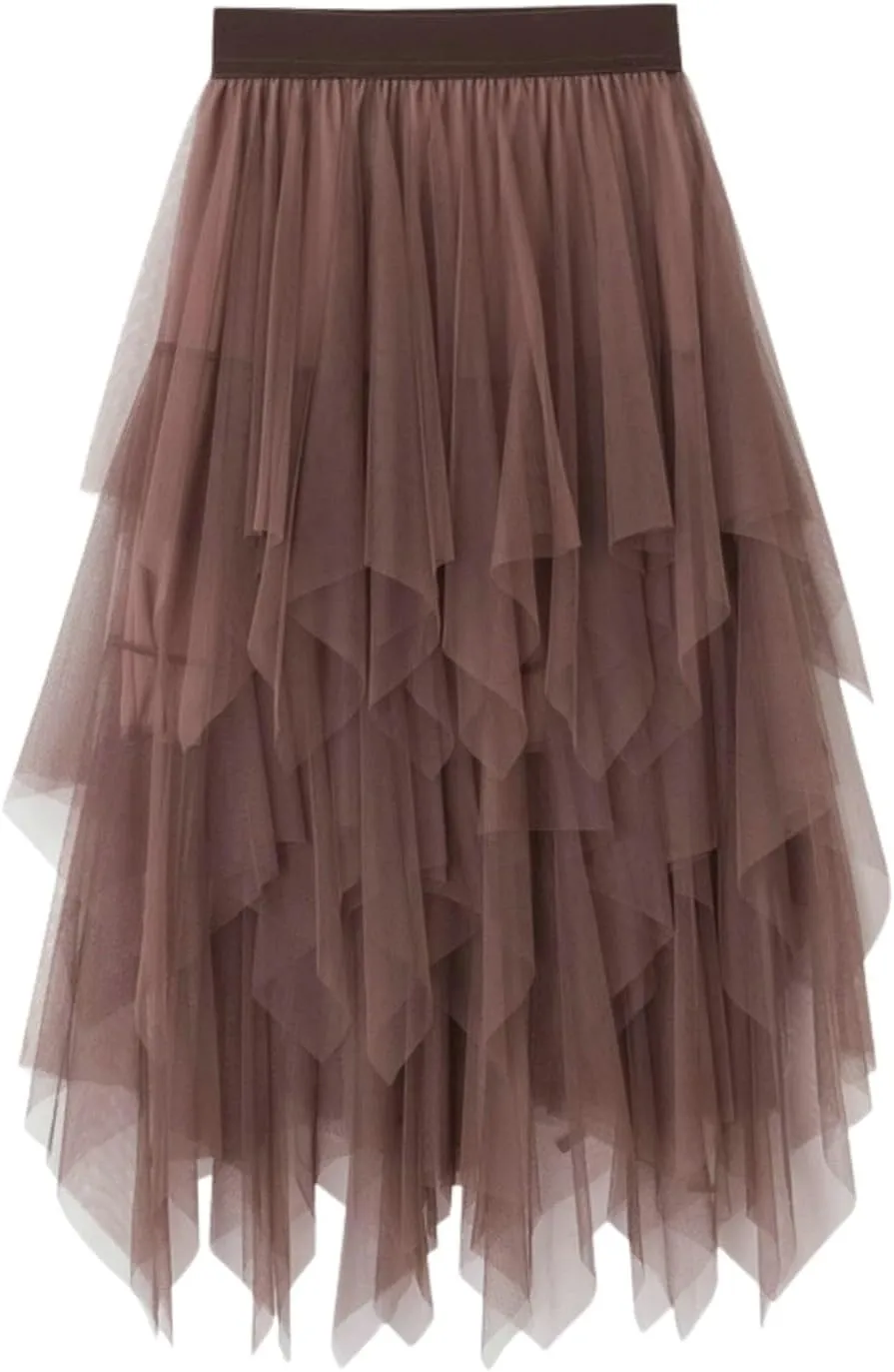 Women Tulle Skirt Asymmetrical Pleated Tutu Midi Skirt Casual Cocktail Party High Beach Elastic Waist Mesh Layered Skirts