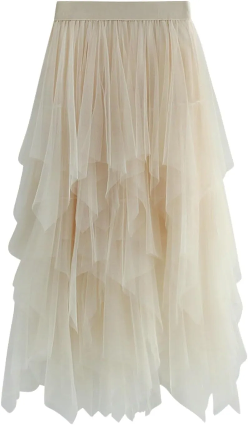 Women Tulle Skirt Asymmetrical Pleated Tutu Midi Skirt Casual Cocktail Party High Beach Elastic Waist Mesh Layered Skirts