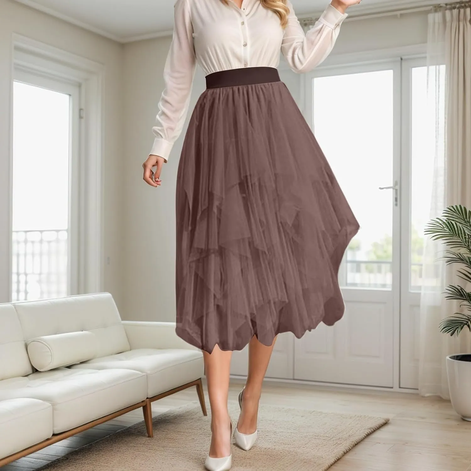 Women Tulle Skirt Asymmetrical Pleated Tutu Midi Skirt Casual Cocktail Party High Beach Elastic Waist Mesh Layered Skirts