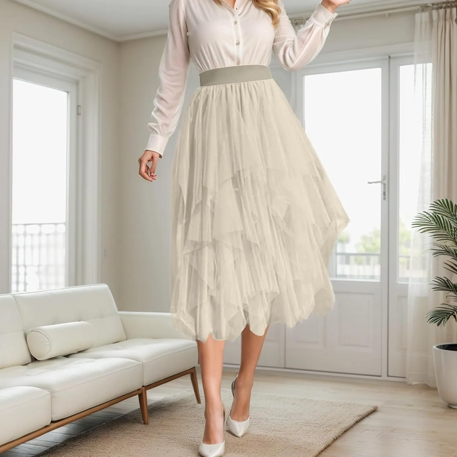 Women Tulle Skirt Asymmetrical Pleated Tutu Midi Skirt Casual Cocktail Party High Beach Elastic Waist Mesh Layered Skirts