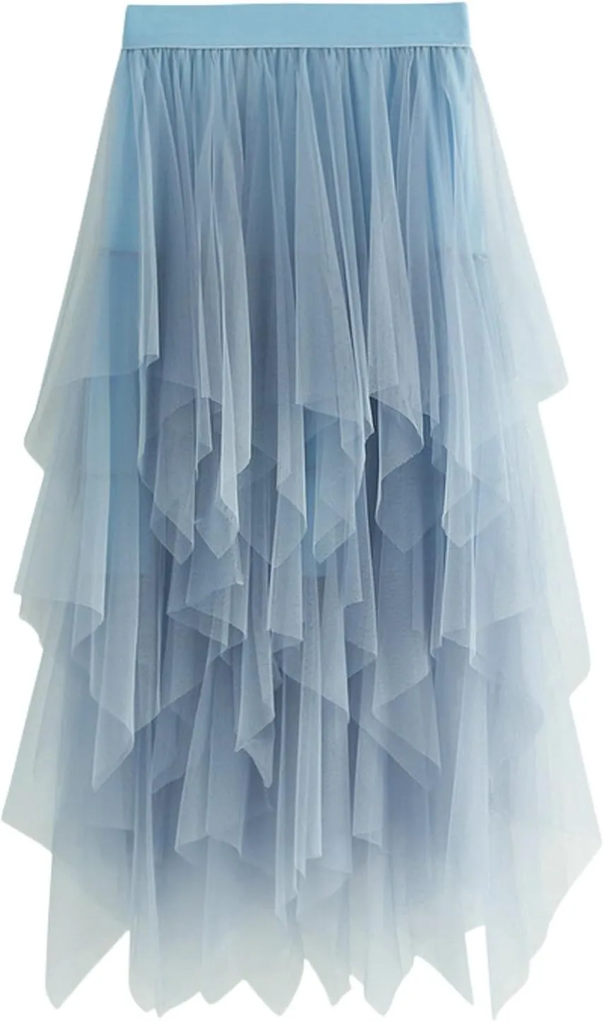 Women Tulle Skirt Asymmetrical Pleated Tutu Midi Skirt Casual Cocktail Party High Beach Elastic Waist Mesh Layered Skirts