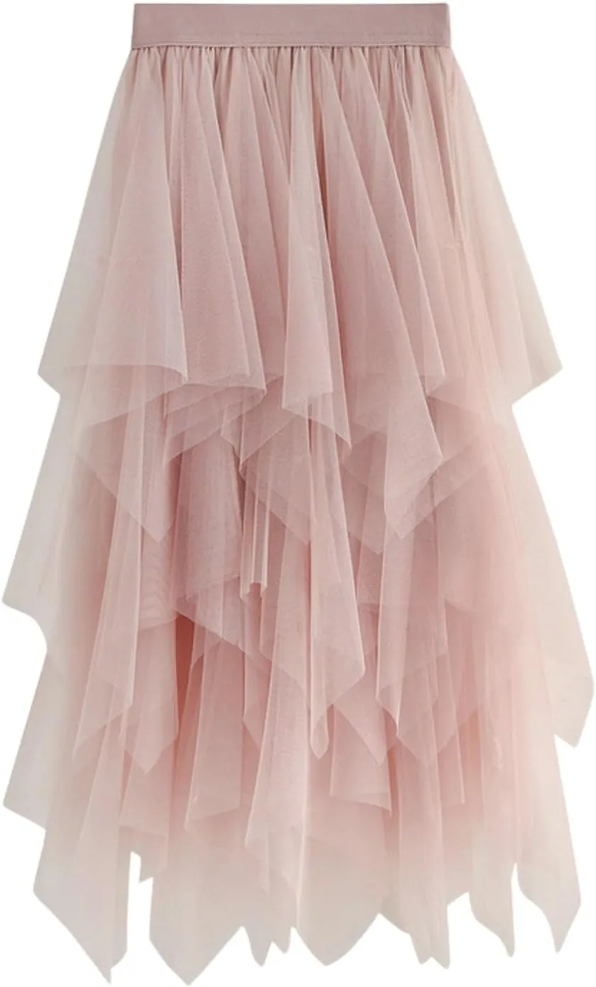 Women Tulle Skirt Asymmetrical Pleated Tutu Midi Skirt Casual Cocktail Party High Beach Elastic Waist Mesh Layered Skirts
