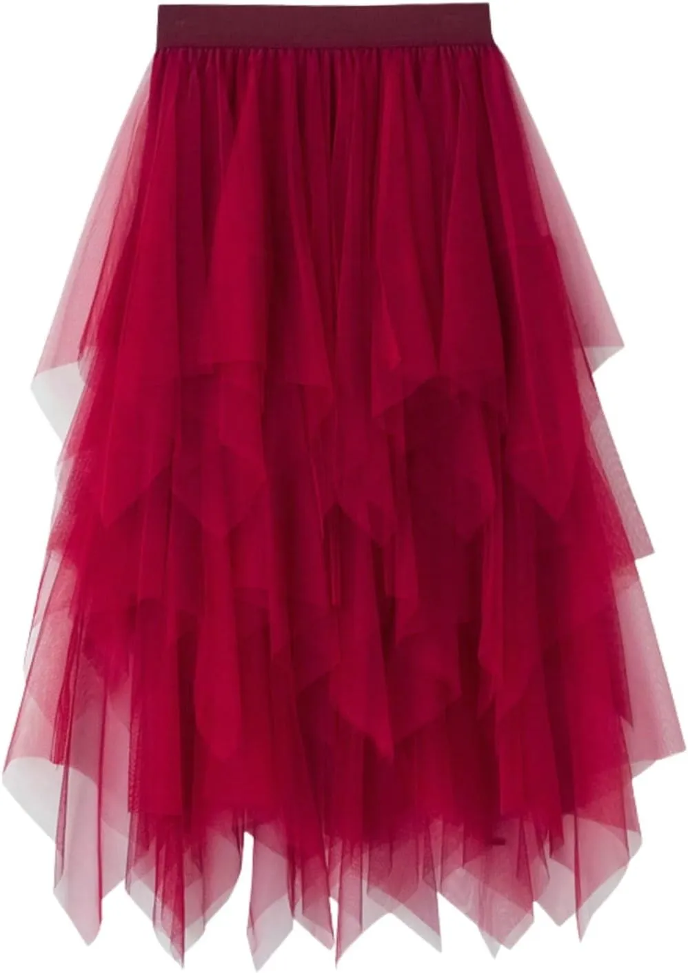 Women Tulle Skirt Asymmetrical Pleated Tutu Midi Skirt Casual Cocktail Party High Beach Elastic Waist Mesh Layered Skirts