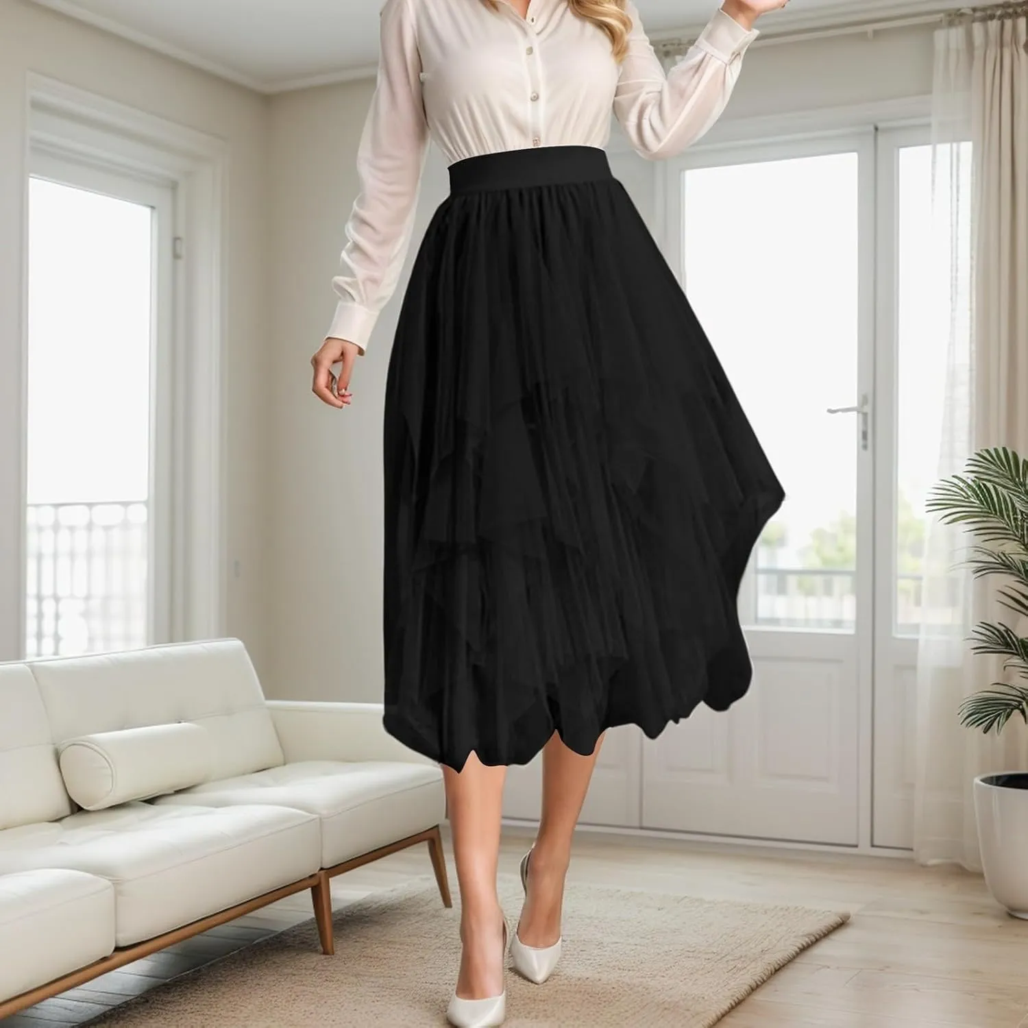 Women Tulle Skirt Asymmetrical Pleated Tutu Midi Skirt Casual Cocktail Party High Beach Elastic Waist Mesh Layered Skirts