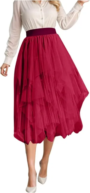 Women Tulle Skirt Asymmetrical Pleated Tutu Midi Skirt Casual Cocktail Party High Beach Elastic Waist Mesh Layered Skirts