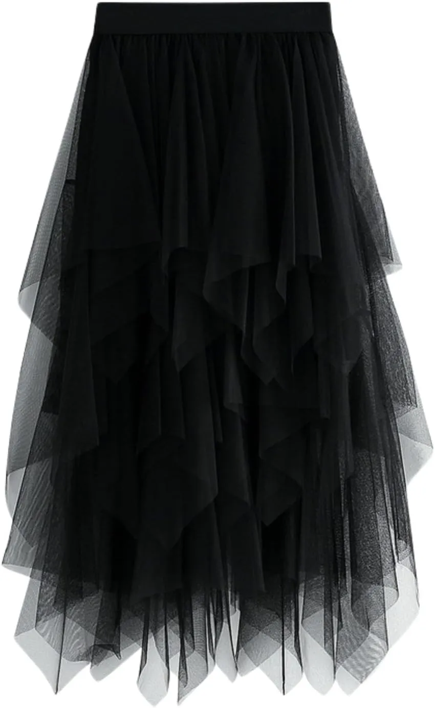 Women Tulle Skirt Asymmetrical Pleated Tutu Midi Skirt Casual Cocktail Party High Beach Elastic Waist Mesh Layered Skirts