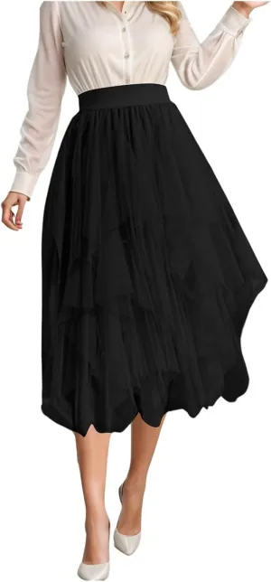Women Tulle Skirt Asymmetrical Pleated Tutu Midi Skirt Casual Cocktail Party High Beach Elastic Waist Mesh Layered Skirts