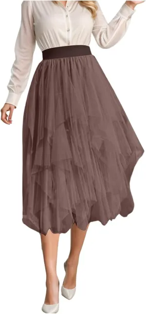 Women Tulle Skirt Asymmetrical Pleated Tutu Midi Skirt Casual Cocktail Party High Beach Elastic Waist Mesh Layered Skirts