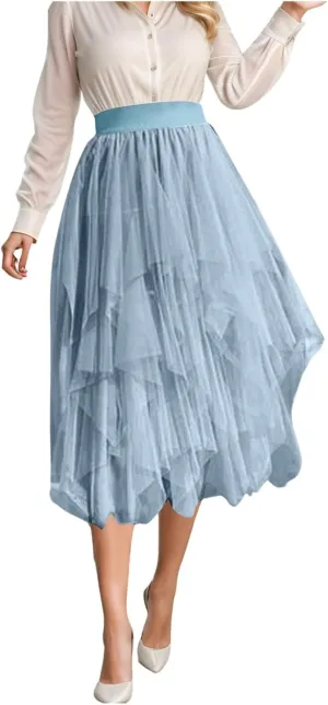 Women Tulle Skirt Asymmetrical Pleated Tutu Midi Skirt Casual Cocktail Party High Beach Elastic Waist Mesh Layered Skirts