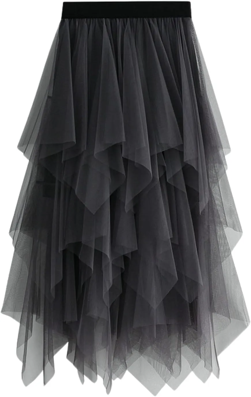 Women Tulle Skirt Asymmetrical Pleated Tutu Midi Skirt Casual Cocktail Party High Beach Elastic Waist Mesh Layered Skirts