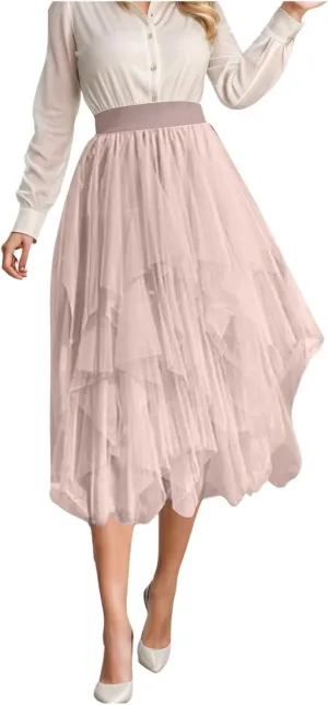 Women Tulle Skirt Asymmetrical Pleated Tutu Midi Skirt Casual Cocktail Party High Beach Elastic Waist Mesh Layered Skirts