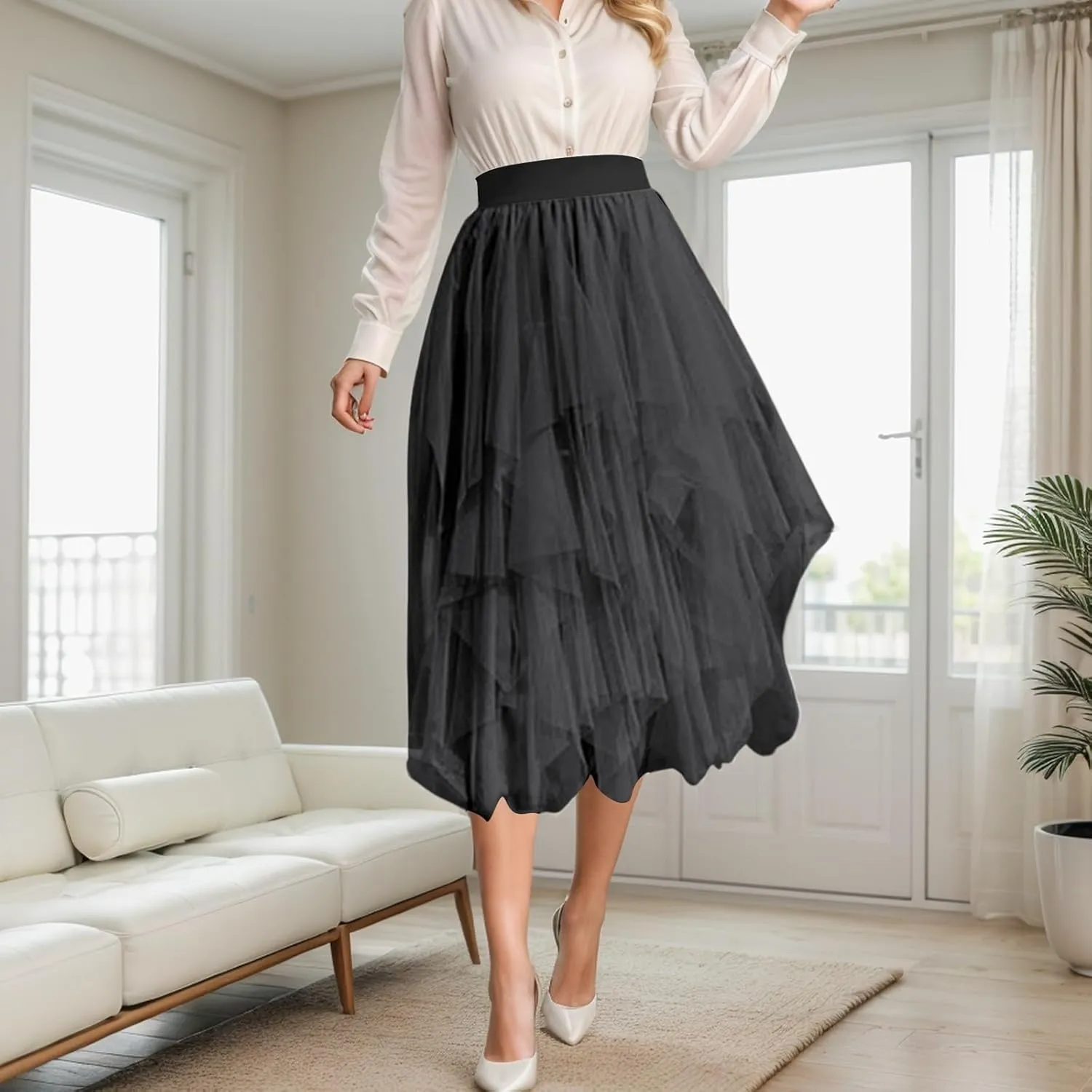 Women Tulle Skirt Asymmetrical Pleated Tutu Midi Skirt Casual Cocktail Party High Beach Elastic Waist Mesh Layered Skirts