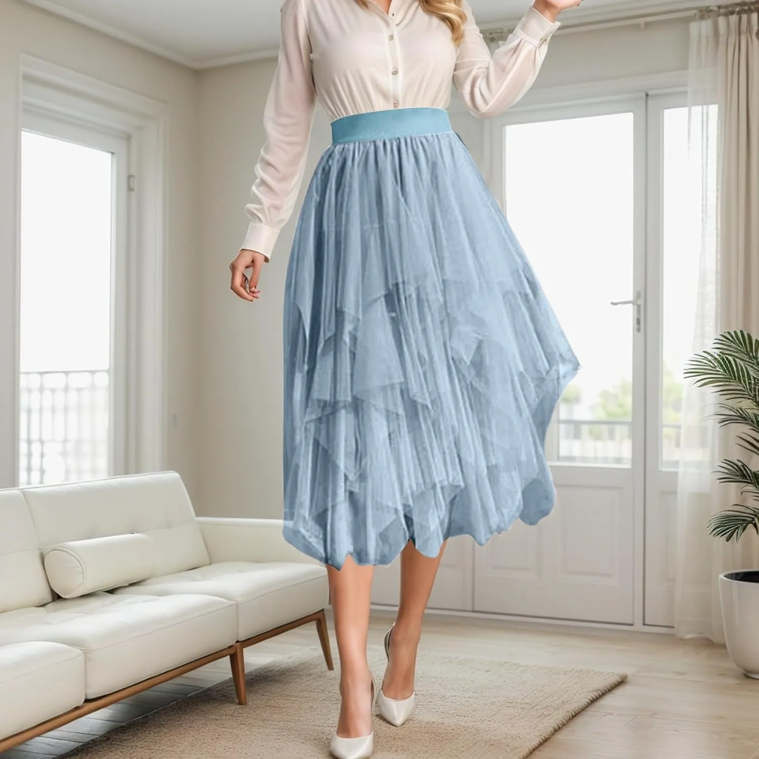 Women Tulle Skirt Asymmetrical Pleated Tutu Midi Skirt Casual Cocktail Party High Beach Elastic Waist Mesh Layered Skirts
