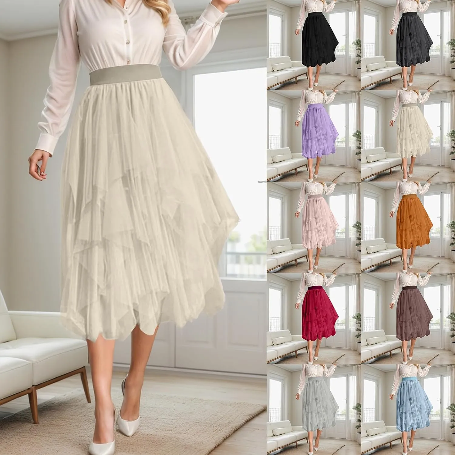 Women Tulle Skirt Asymmetrical Pleated Tutu Midi Skirt Casual Cocktail Party High Beach Elastic Waist Mesh Layered Skirts
