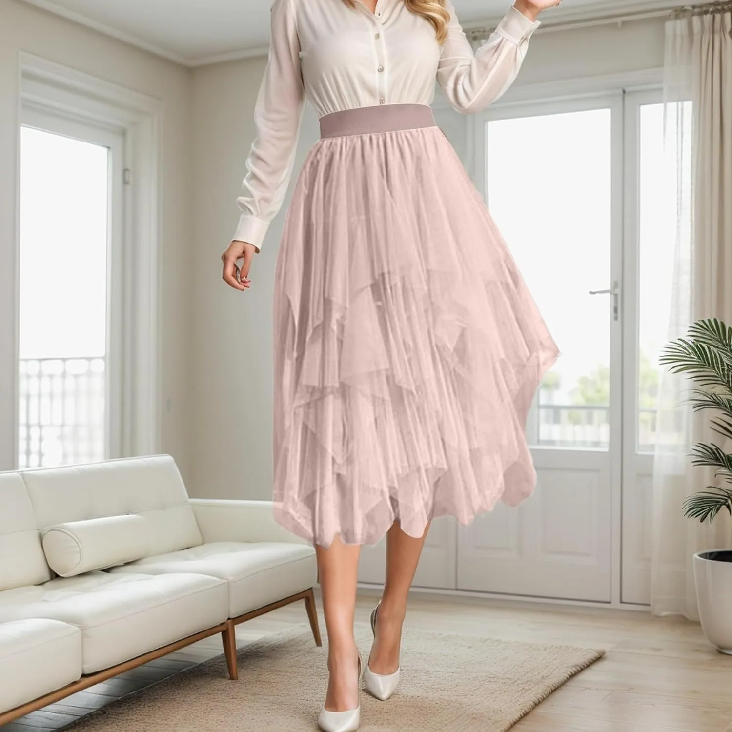 Women Tulle Skirt Asymmetrical Pleated Tutu Midi Skirt Casual Cocktail Party High Beach Elastic Waist Mesh Layered Skirts
