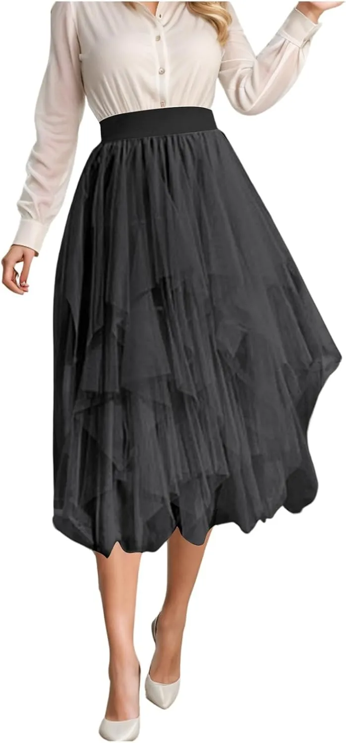 Women Tulle Skirt Asymmetrical Pleated Tutu Midi Skirt Casual Cocktail Party High Beach Elastic Waist Mesh Layered Skirts