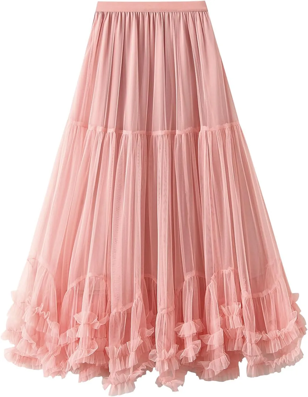 Women Tutu Tulle Skirt Elastic High Waist Layered Skirt Floral Print Mesh A-Line Midi Skirt
