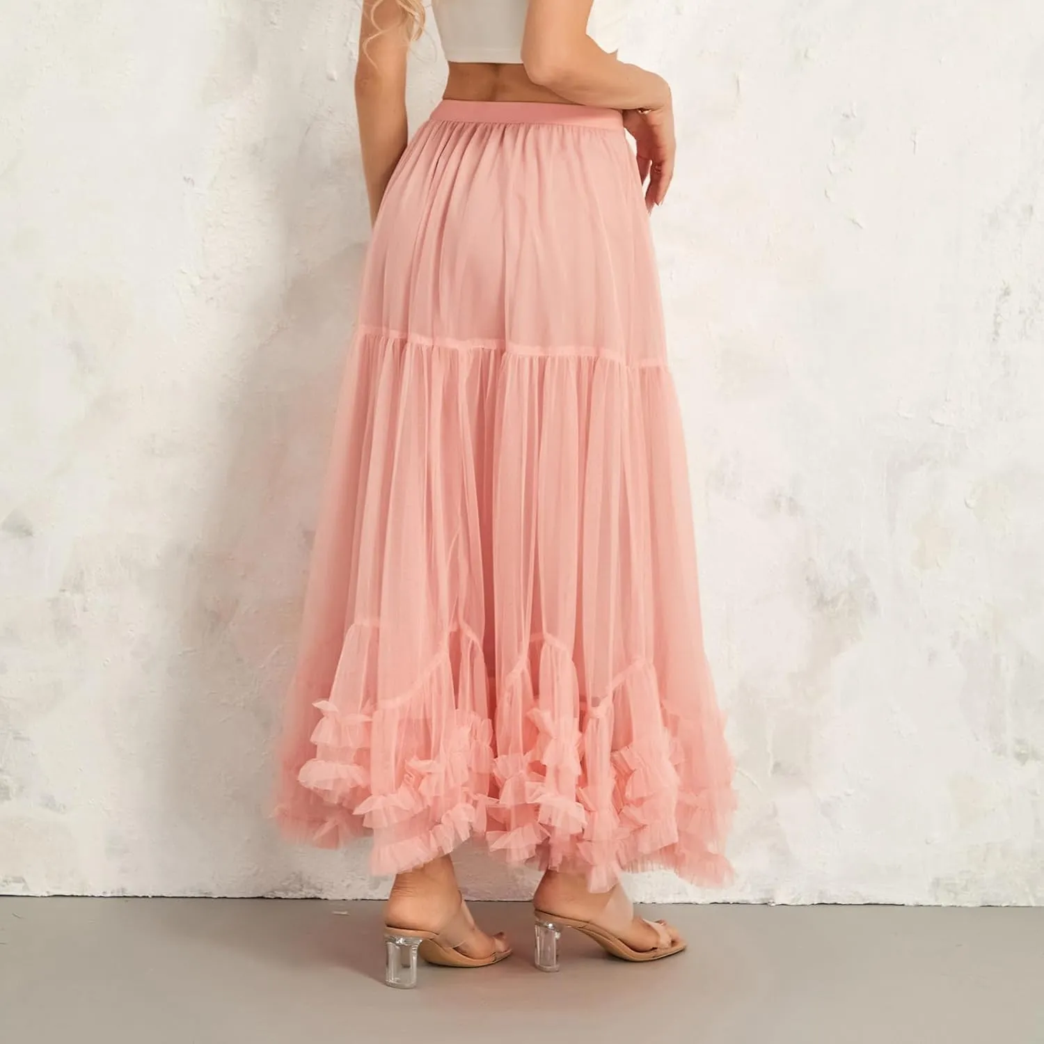 Women Tutu Tulle Skirt Elastic High Waist Layered Skirt Floral Print Mesh A-Line Midi Skirt