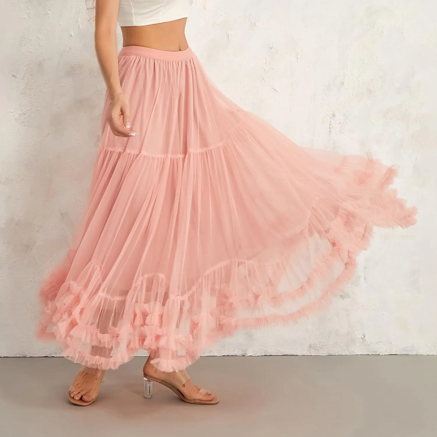 Women Tutu Tulle Skirt Elastic High Waist Layered Skirt Floral Print Mesh A-Line Midi Skirt