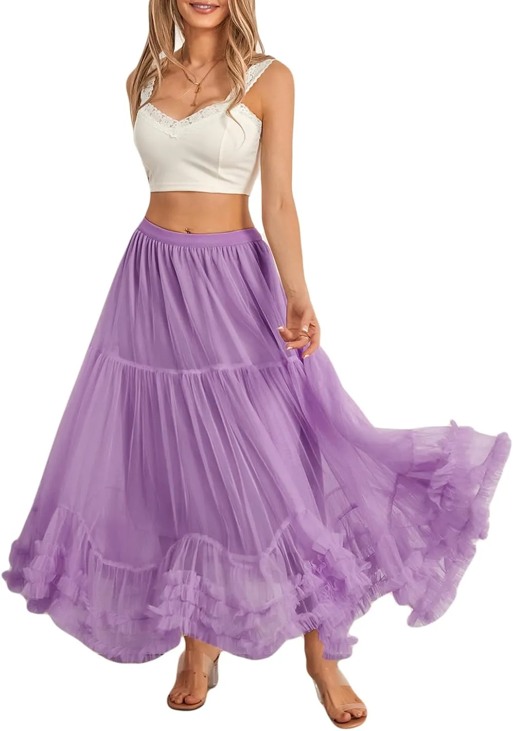 Women Tutu Tulle Skirt Elastic High Waist Layered Skirt Floral Print Mesh A-Line Midi Skirt