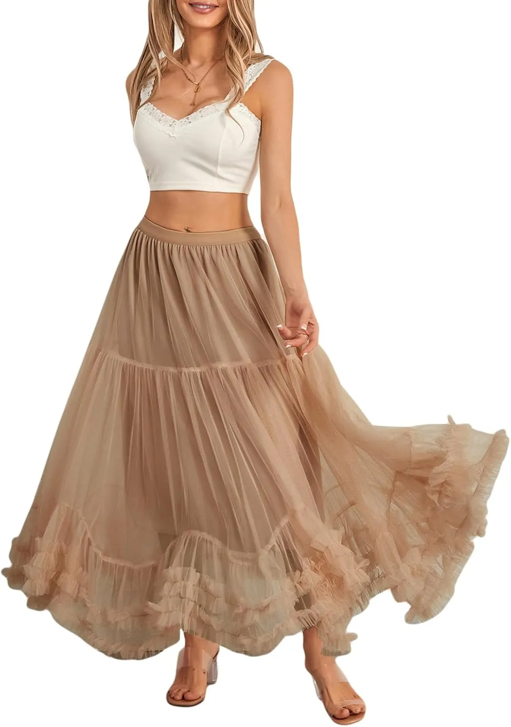 Women Tutu Tulle Skirt Elastic High Waist Layered Skirt Floral Print Mesh A-Line Midi Skirt