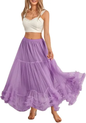 Women Tutu Tulle Skirt Elastic High Waist Layered Skirt Floral Print Mesh A-Line Midi Skirt