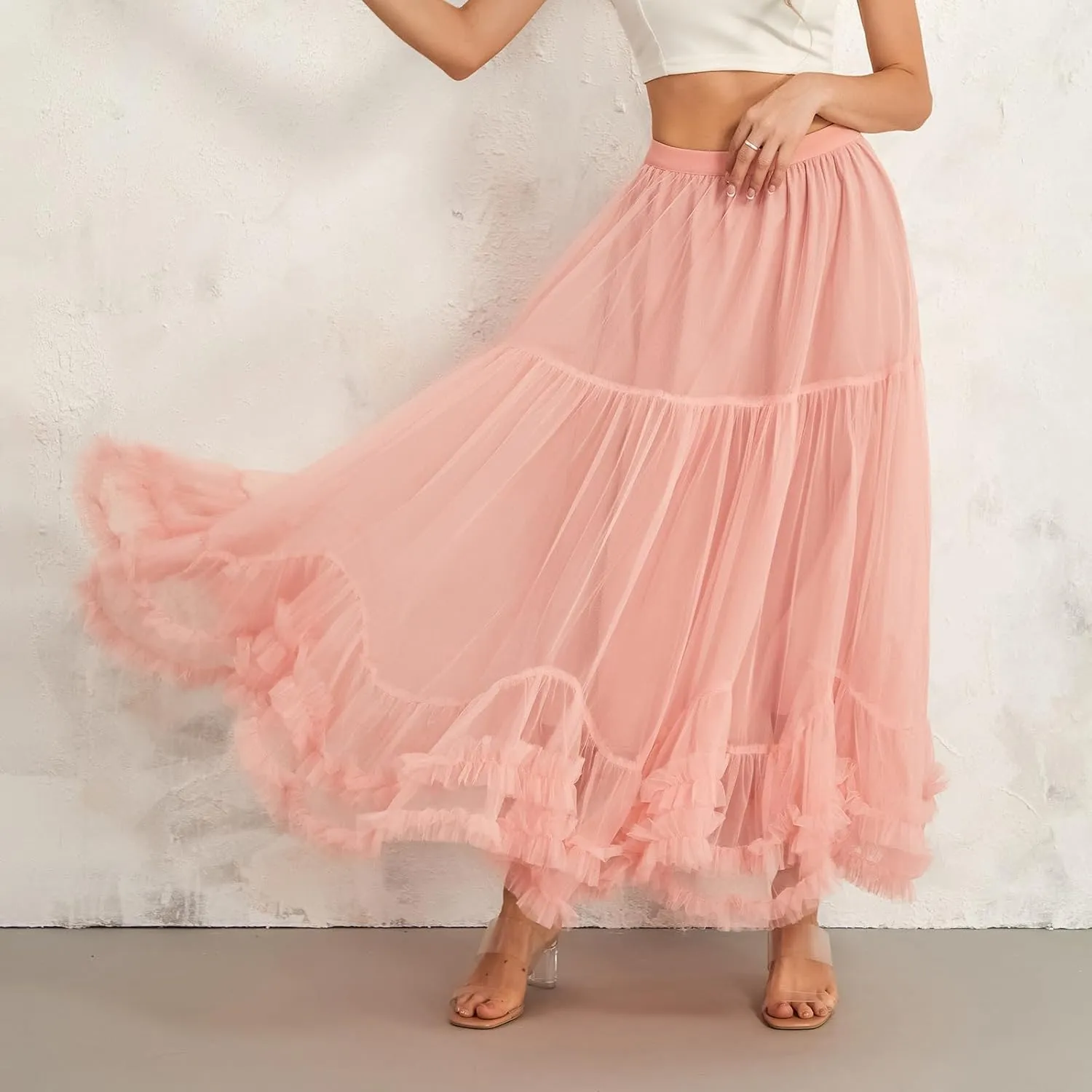 Women Tutu Tulle Skirt Elastic High Waist Layered Skirt Floral Print Mesh A-Line Midi Skirt