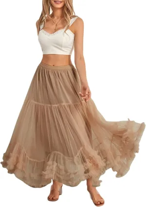 Women Tutu Tulle Skirt Elastic High Waist Layered Skirt Floral Print Mesh A-Line Midi Skirt