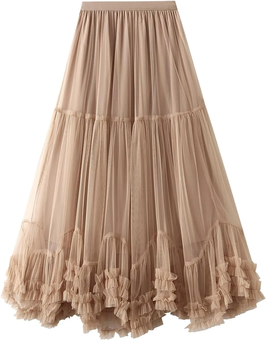 Women Tutu Tulle Skirt Elastic High Waist Layered Skirt Floral Print Mesh A-Line Midi Skirt