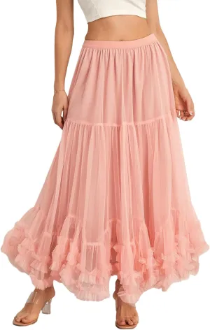 Women Tutu Tulle Skirt Elastic High Waist Layered Skirt Floral Print Mesh A-Line Midi Skirt