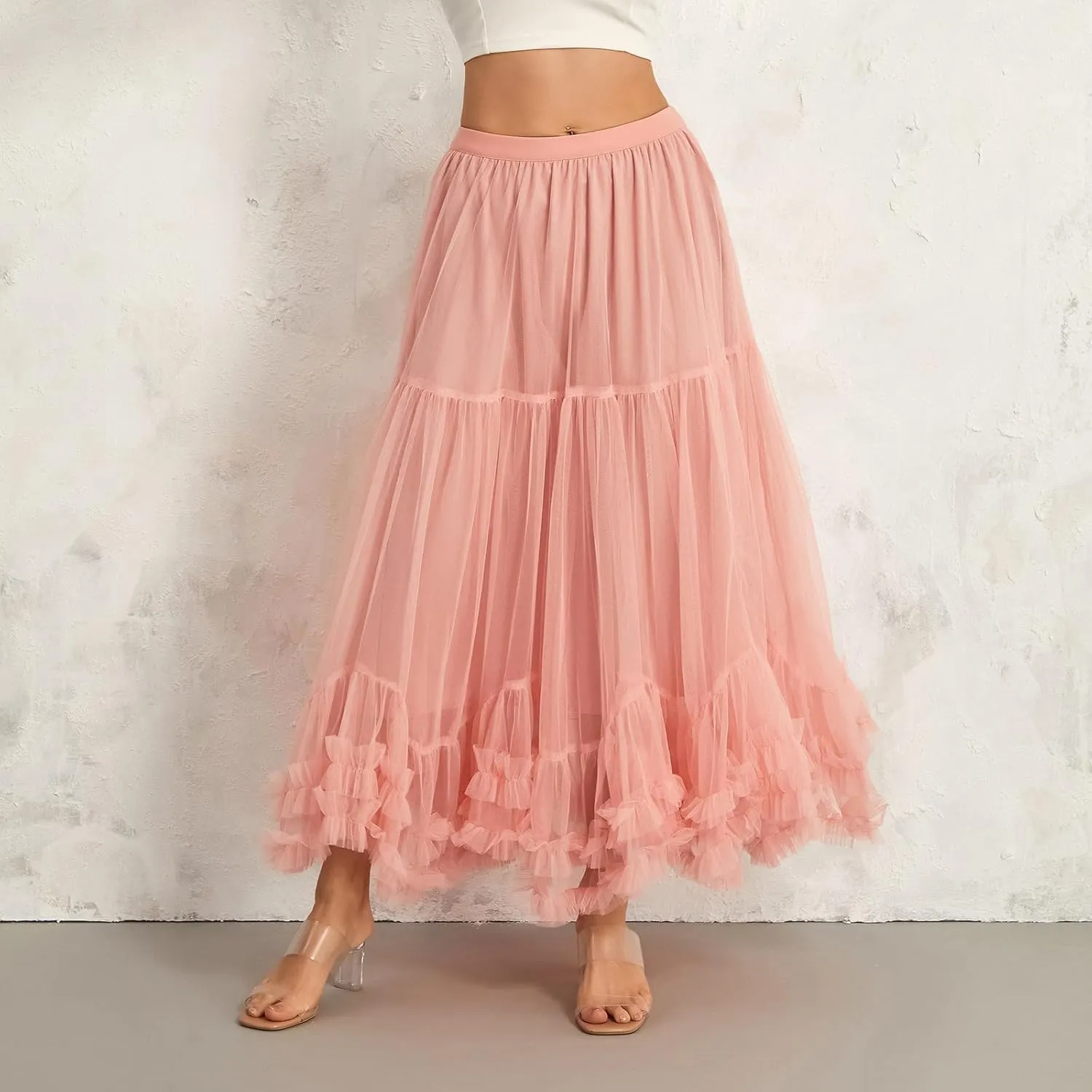 Women Tutu Tulle Skirt Elastic High Waist Layered Skirt Floral Print Mesh A-Line Midi Skirt